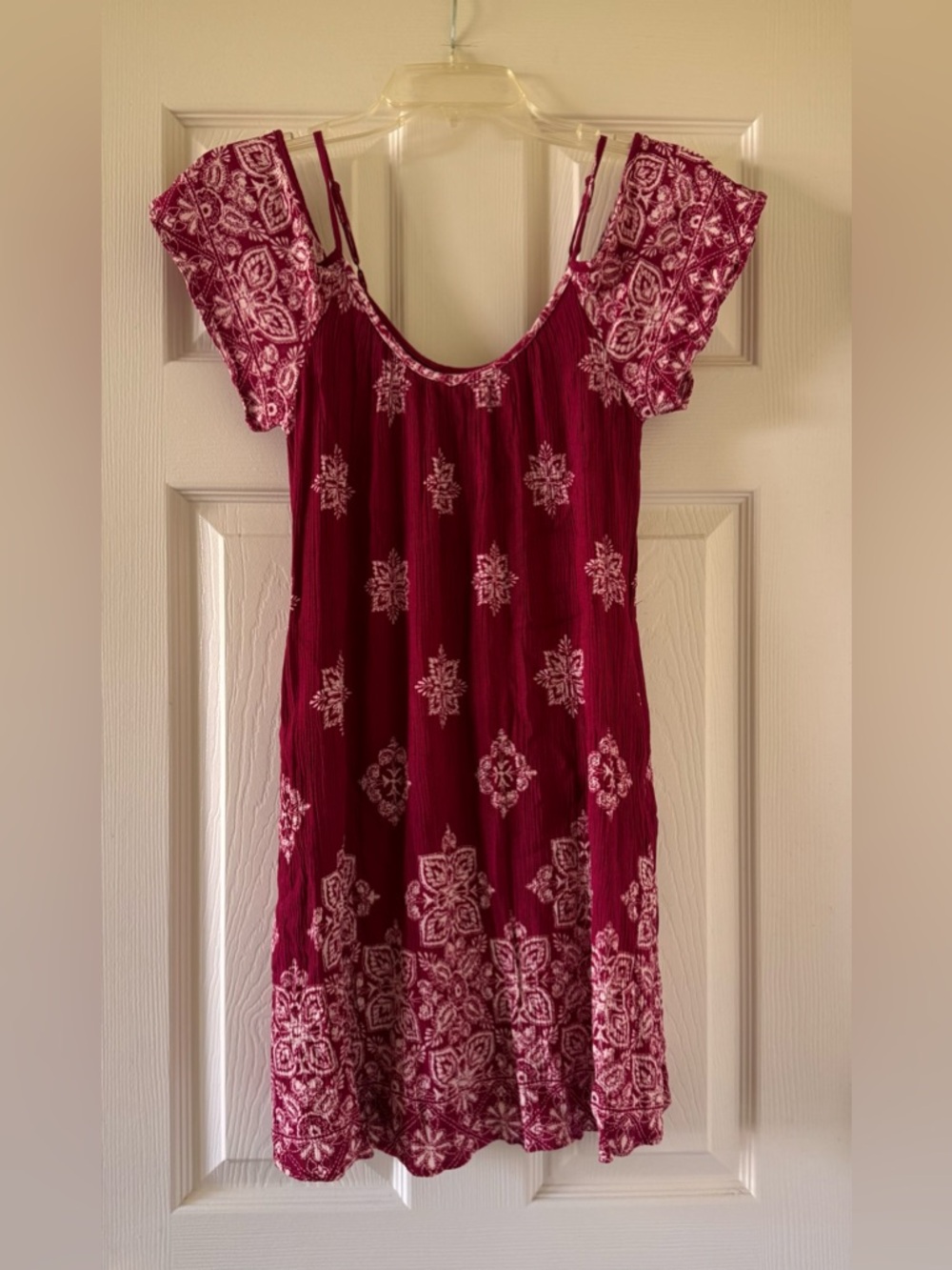Boho Crimson/fuchsia Embroidered Mini Dress with pockets